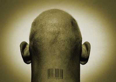 Bar Code on Bald Man's Neck
